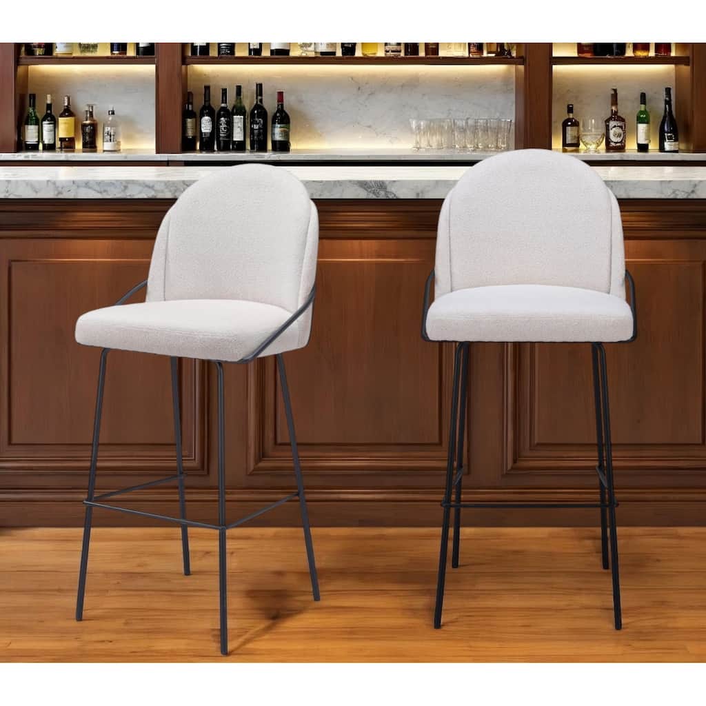 Set of Two 30" Ivory And Black Shearling And Steel Bar Height Bar Chairs