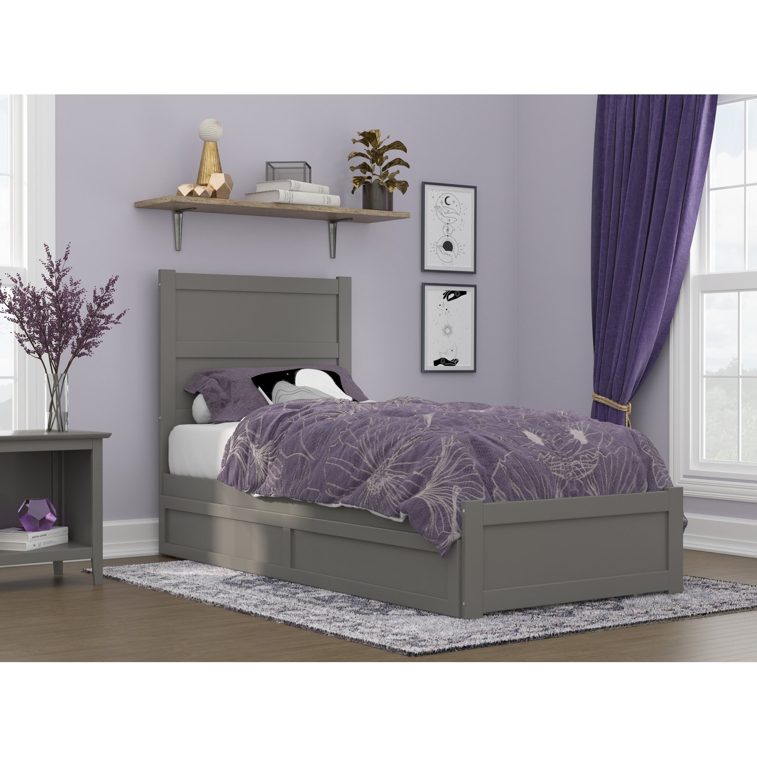 Twin XL Bed with Trundle - Grey Platform Bed Frame, Extra Long Twin Size, Modern Bedroom Furniture