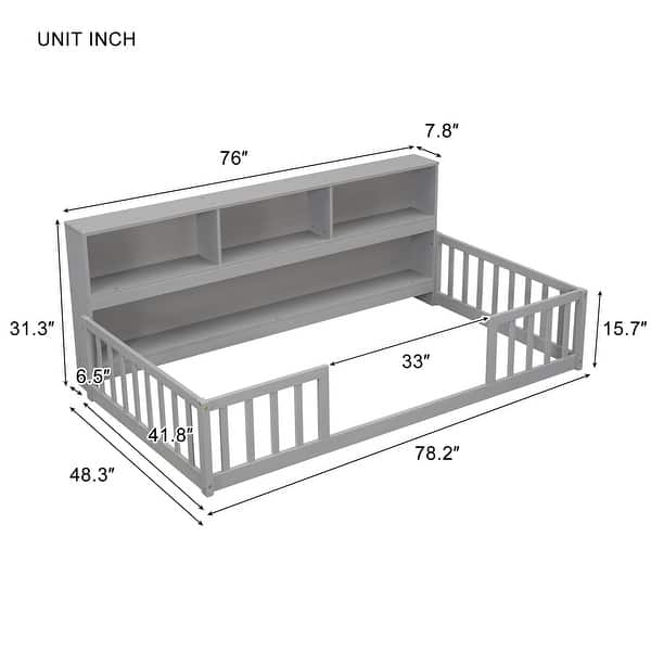 dimension image slide 2 of 4, Floor Bed for Kids with Safety Guardrails & Bedside Bookcase, Wood Montessori Bed Frame with Shelves for Girls & Boys