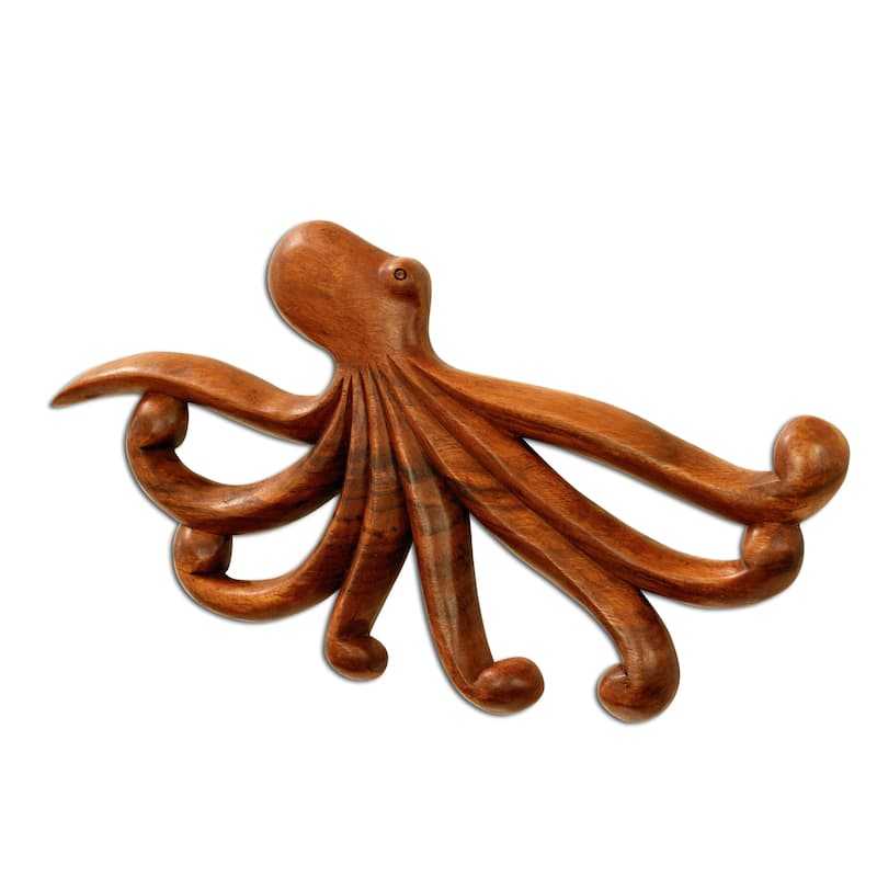 Wooden Octopus Wall Decor Plaque Hanging Sculpture Hand Carved Home Accent Handcrafted Handmade Seaside Tropical Nautical Ocean
