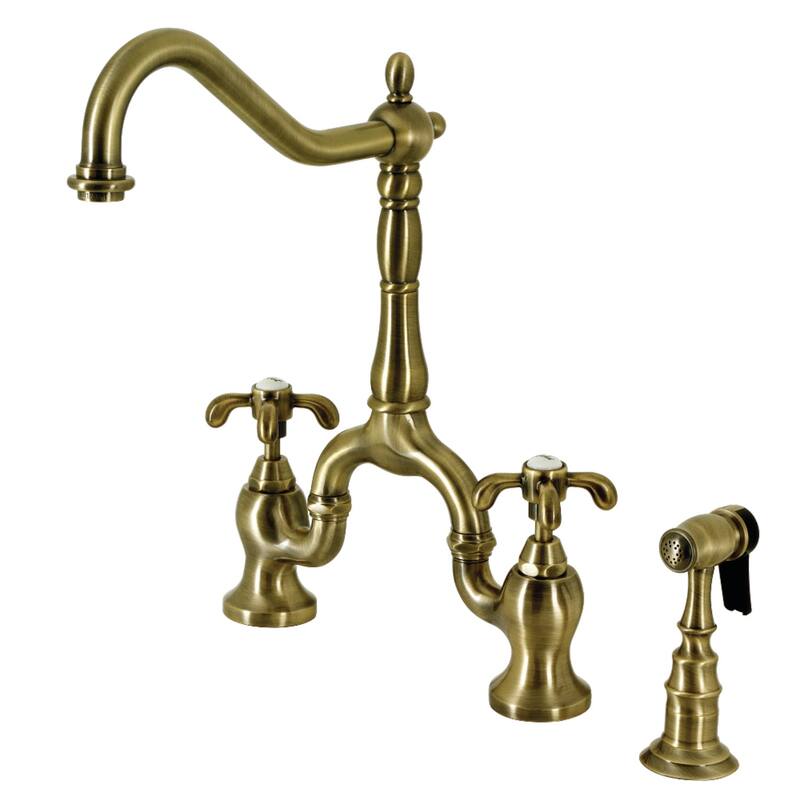 Kingston Brass French Country Bridge Kitchen Faucet with Brass Sprayer - Antique Brass