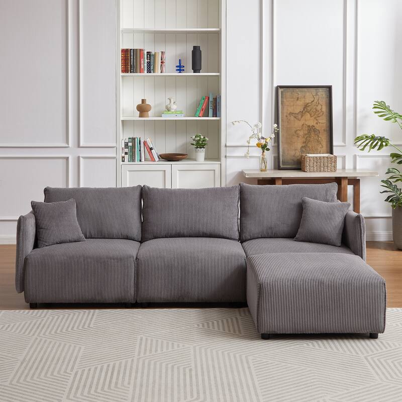 106'' Corduroy 3-Seater Modular Sofa with 2 Cushions, USB & C Charging Ports, Convertible Design - Gray