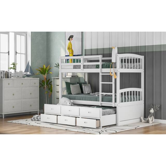 Contemporary Casual Style Twin over Twin Wood Bunk Bed with Trundle and Drawers, with High-quality Solid Wood for Bedroom