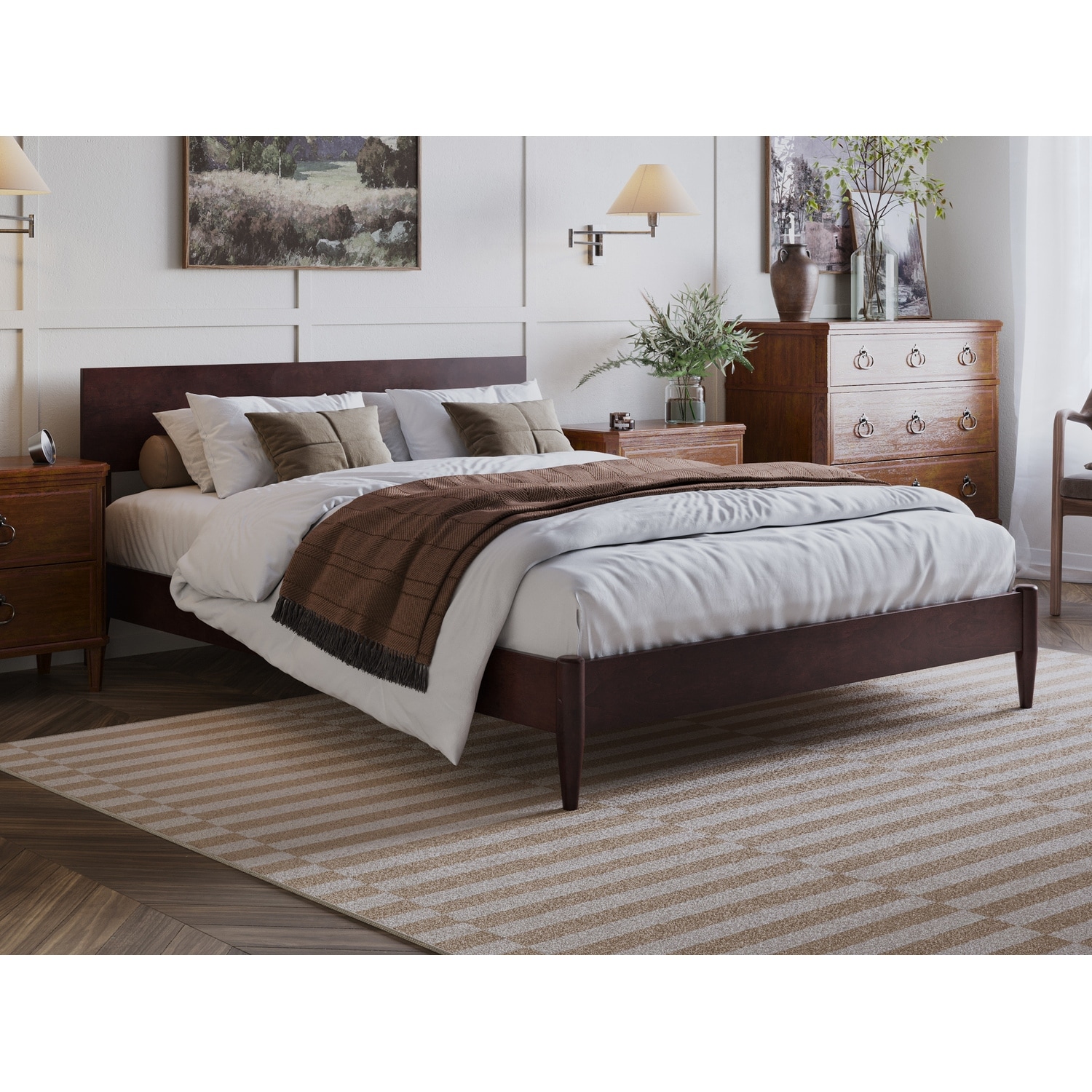 Modern Low Profile Wood Platform Bed - Queen Size, Espresso Finish, Sturdy Slats, No Box Spring Needed