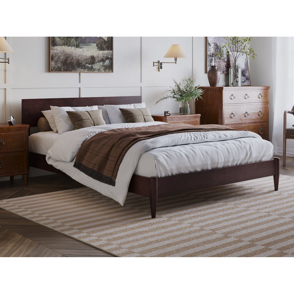 Modern Low Profile Wood Platform Bed - Queen Size, Espresso Finish, Sturdy Slats, No Box Spring Needed