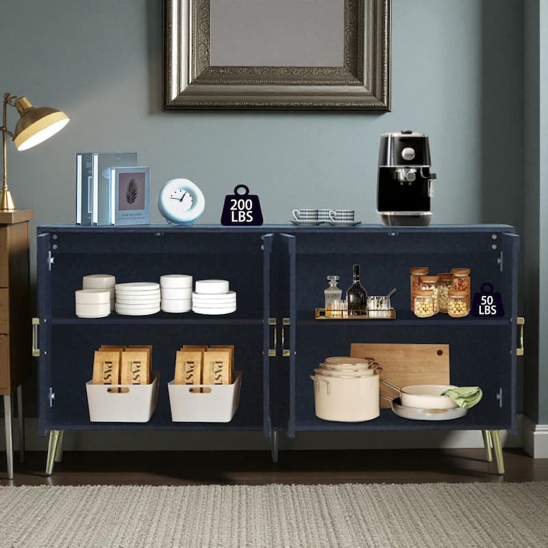Modern Navy Blue Lacquered 4-Door Sideboard Buffet Storage Cabinet with Gold Legs for Dining Room and Living Room