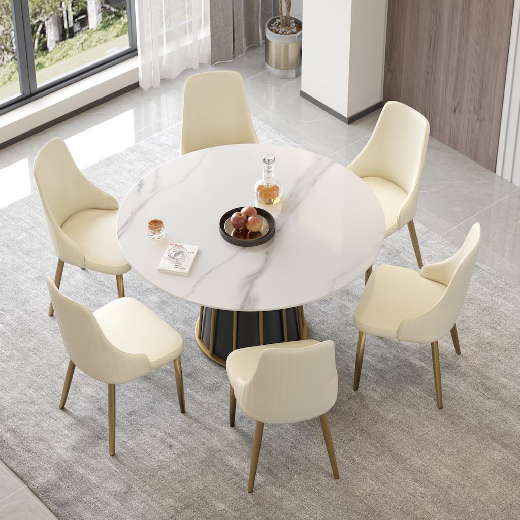 Modern 53" Round White Dining Table for 6 Person Marble Top Gold & Black Pedestal