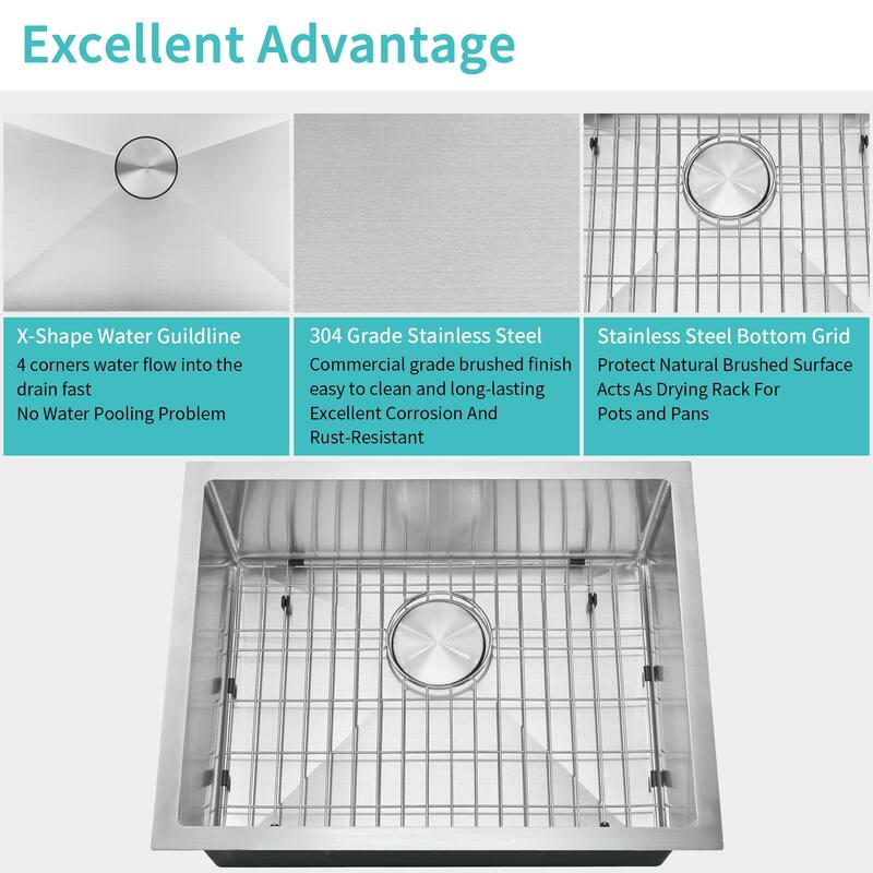 304 Premium Stainless Steel Single Bowl 23''x18''x9'' Undermount Handmade Kitchen Sink - 18*25.78*9