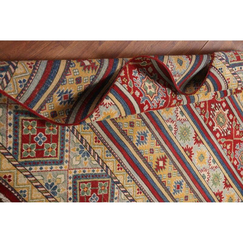Striped Geometric Kazak Area Rug Hand-Knotted Wool Carpet - 4'11" x 6'7"