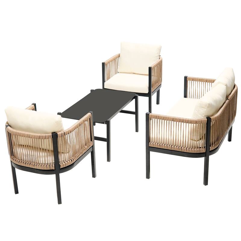 Outdoor 4-Piece Iron Conversation Sofa Set with Glass Coffee Table