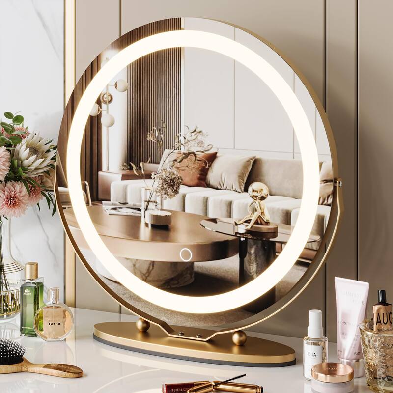 19 Inch Vanity Mirror with Lights, Round Large LED Vanity Mirror with Smart Touch 3 Colors Dimmable, Touch Lighting - Gold - 19x19in