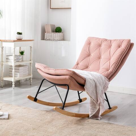 Velvet Turfed Upholstered Armless Rocking Chair With Wide Backrest And Seat, Pink