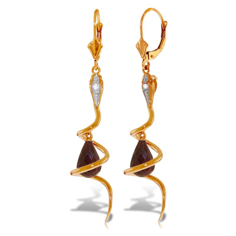 14K Solid Gold Snake Earrings w/ Briolette Dyed Rubies & Diamonds - Rose