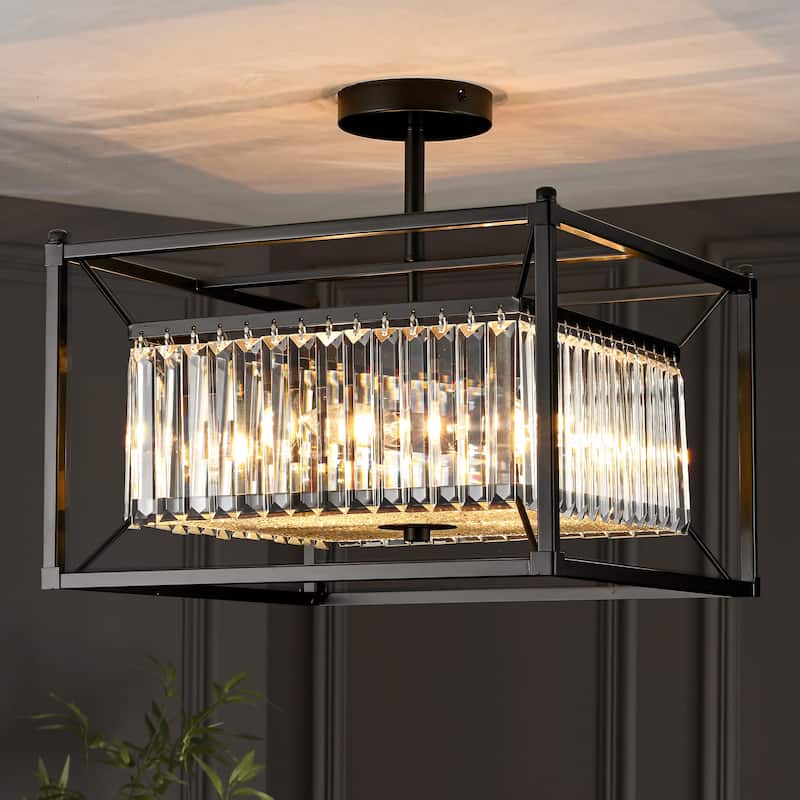 4-Light Mid-Century Modern Black Square Metal Frame Crystal Semi-Flush Mount Light - 15.75 in. W x 14.96 in. H - 15.75 in. W x 14.96 in. H - Black