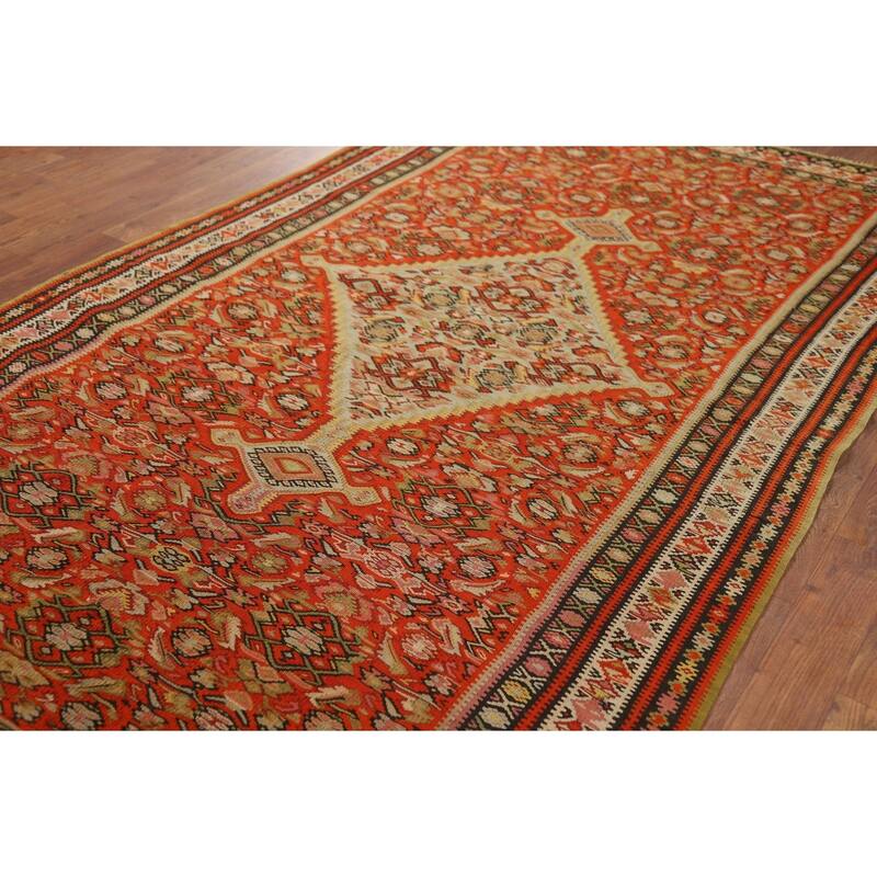 Vegetable Dye Kilim Senneh Antique Persian Rug Hand-Woven Wool Carpet - 4'2" x 6'10"