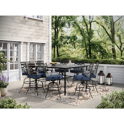 Hanover Montclair 9-Piece High-Dining Set in Navy Blue with 8 Counter-Height Swivel Chairs and 60-Inch Square Table