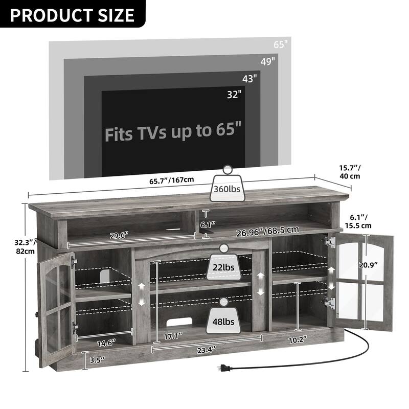 Moasis Farmhouse LED Lights TV Stand with Glass Doors, Entertainment Center w/Shelves for Living Room for TVs up to 65"