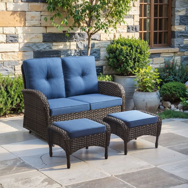 Pocassy 3 Pieces Glider Sofa Loveseat with Ottomans - Brown Wicker - Blue cushion