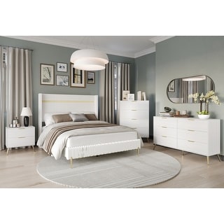 CraftPorch Corduroy 4-pieces Glam White Bed with White Furniture Bedroom Set