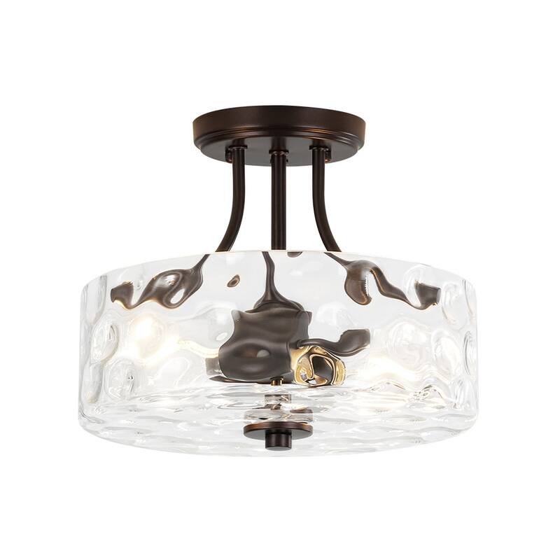 Nickel 2-Light Water Glass Round Semi Flush Ceiling Light - 11.8in - Oil-Rubbed Bronze