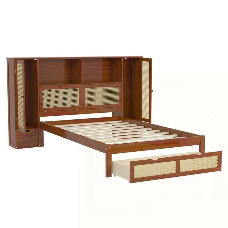 Multifunctional Platform Bed with Natural Rattan