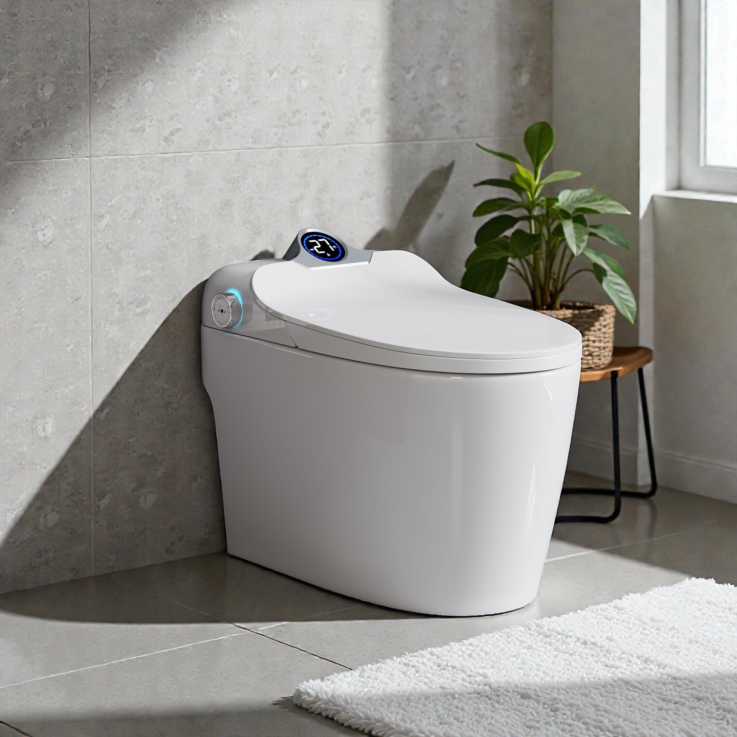 Smart Toilet Bidet Combo with Foot Sensor. Auto Open Close. Heated Seat. Warm Air Dryer. LED Display. Remote