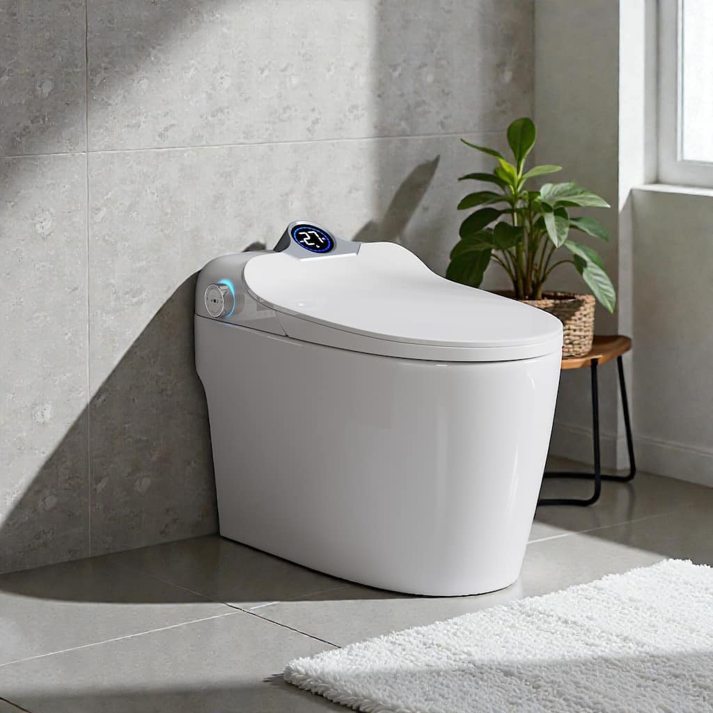 Smart Toilet Bidet Combo with Foot Sensor. Auto Open Close. Heated Seat. Warm Air Dryer. LED Display. Remote