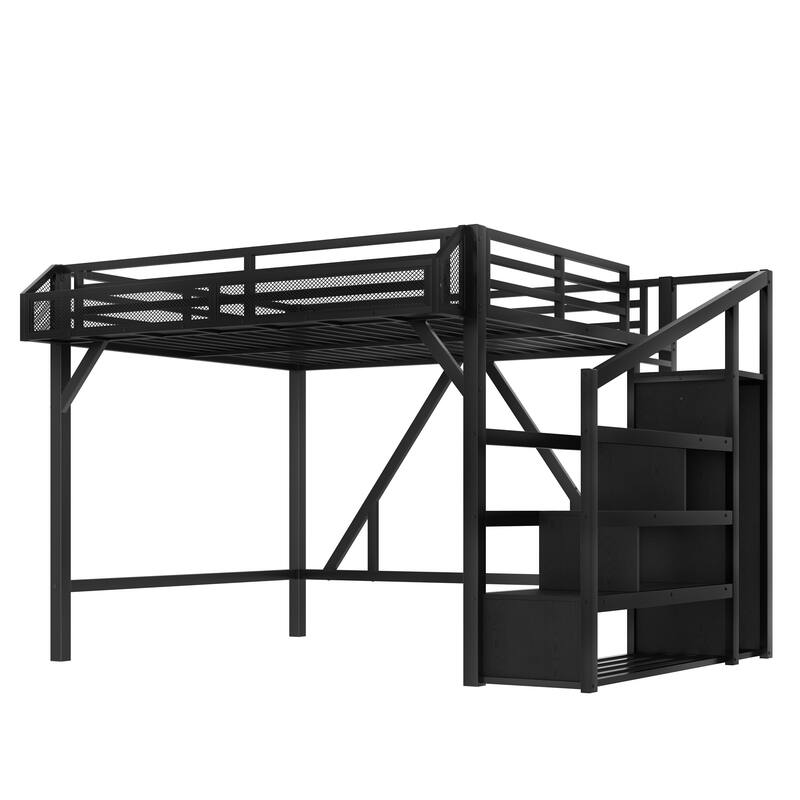 Queen Loft Bed with Storage Stairs, Shelves and Built-in Wardrobe, Metal Loft Bed Frame with USB Ports and LED Lights