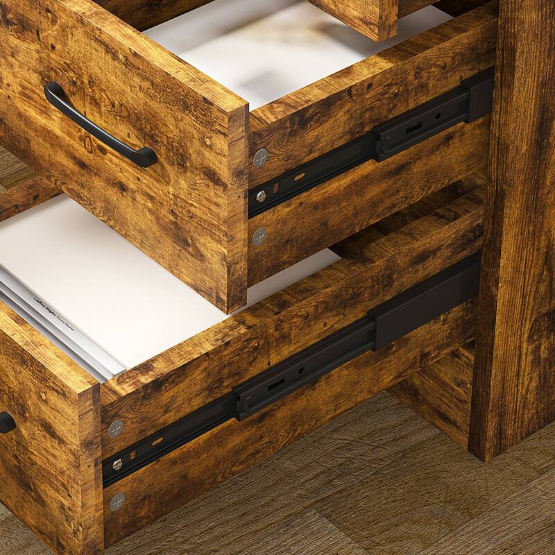 Roomfitters Computer Desk with Charging Station, 3 Drawers and 4 Tier Storage Shelves, Carbonized Wood Home Office Table, Brown