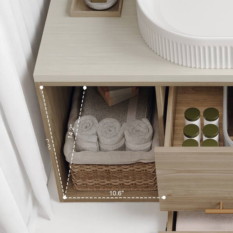 Wall-Mounted Bathroom Vanity with Ceramic Sink, 38.2" Floating Cabinet with Drawers & Shelves, Soft-Close Storage