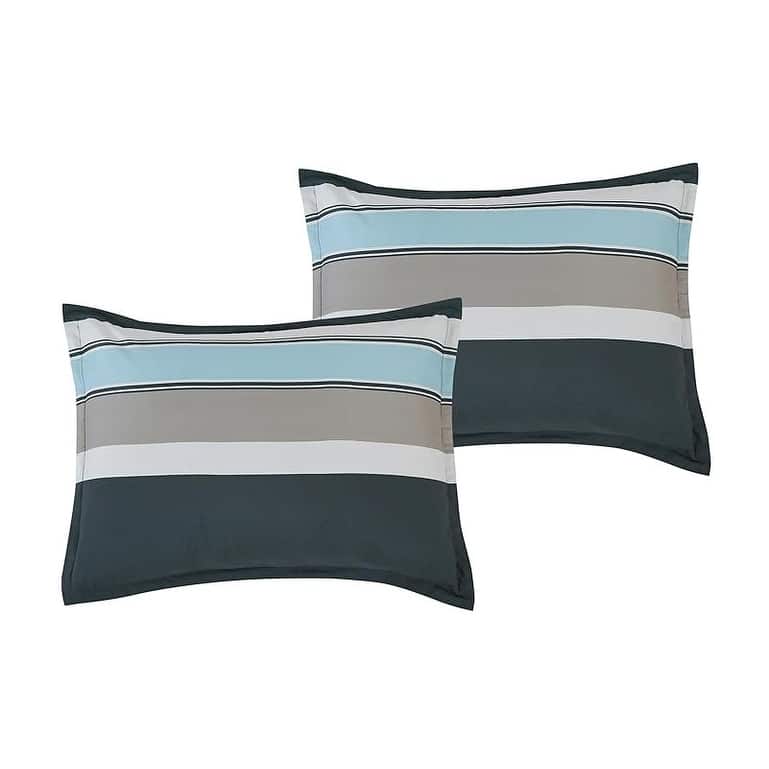 7 Piece Navy Light Blue Striped Comforter Set Embroidery Soft Bedding