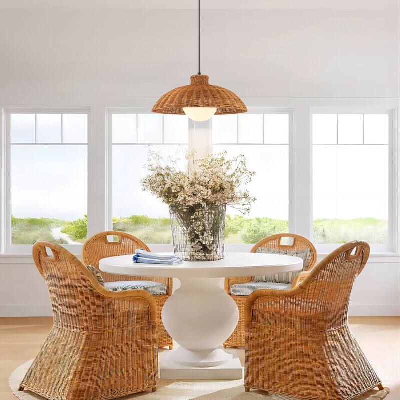 1-Light 15.7" W Farmhouse Brown Woven Rattan Dome Pendant lights for Dining Room, Living Room, Bedroom