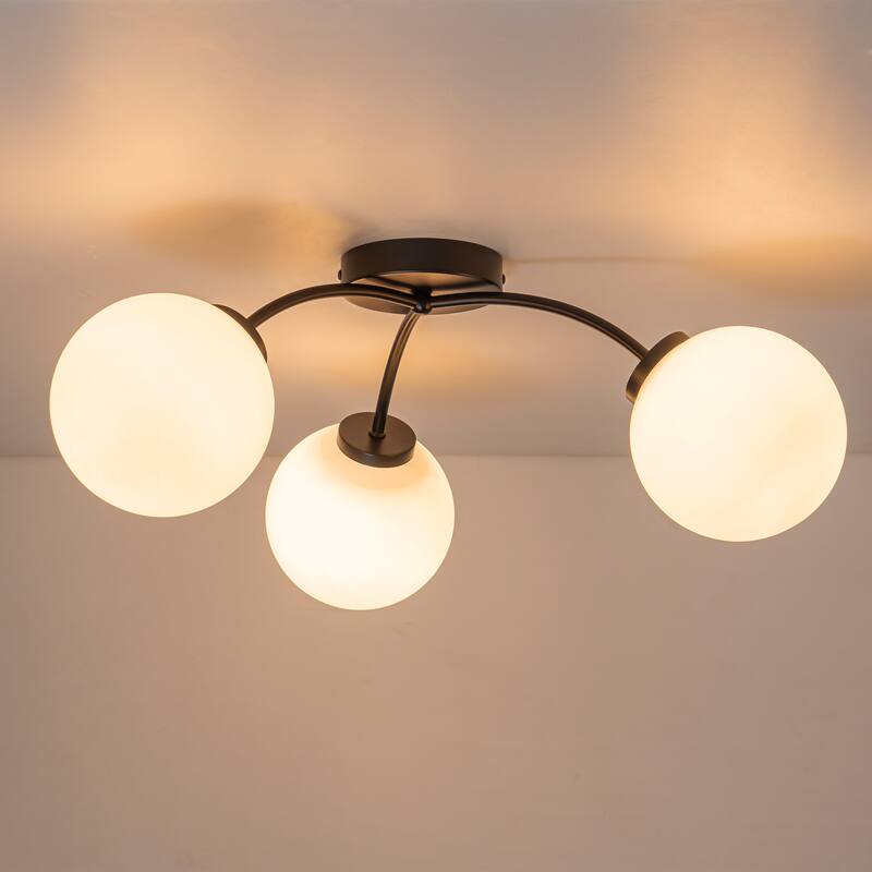 6-Light Brass Semi-Flush Mount Ceiling Light with Opal Glass Shades - 24.2-in W x 9.05-in H