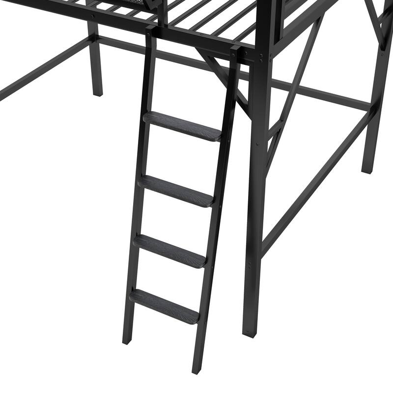 High Loft Bed Frame with Upper Side Storage Shelves, Black Metal Loft Bed with Ladder for Kids Teens