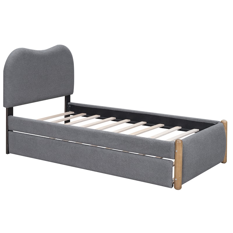 Twin Size Upholstered Platform Bed Frame with Wood Supporting Feet and Slatted, Pull-out Trundle Bed for Bedroom