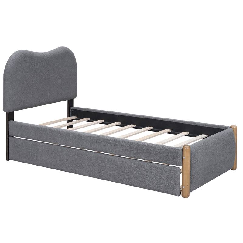 Upholstered Platform Bed with Wood Supporting Feet and Twin Size Trundle