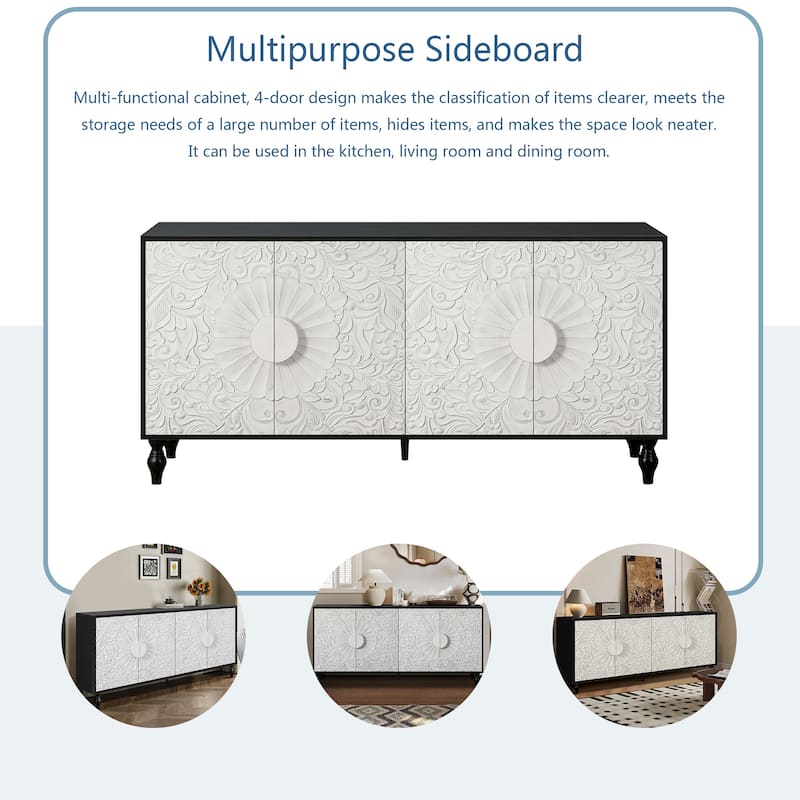 Black White 62.99" Accent TV Stand Cabinet with Carved Pattern Door, Storage Shelf, and Solid Wood Leg for Living Room