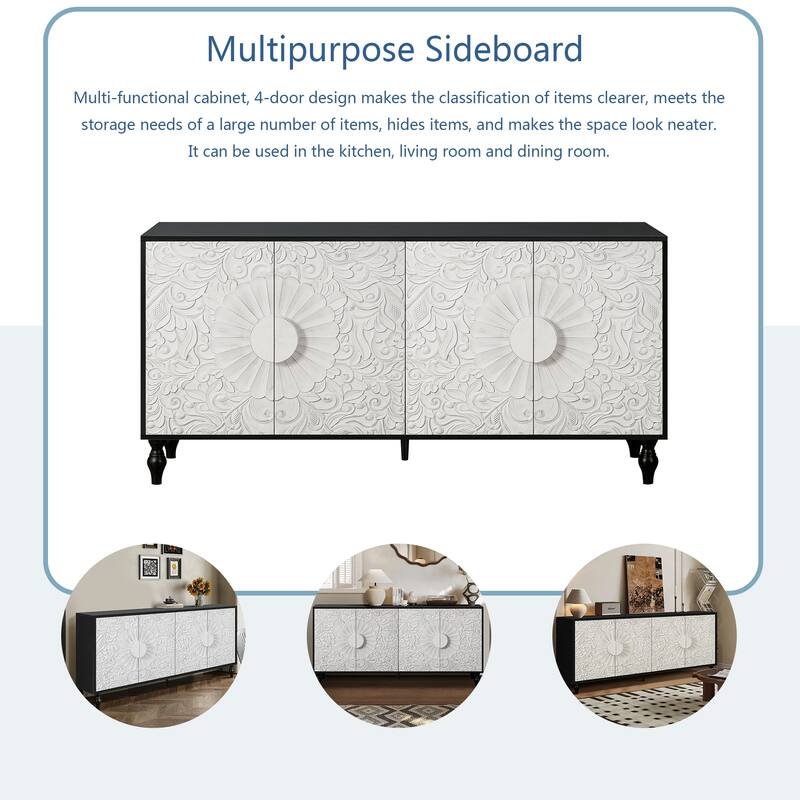 Elegant Vintage White Sideboard with Unique Carved Doors