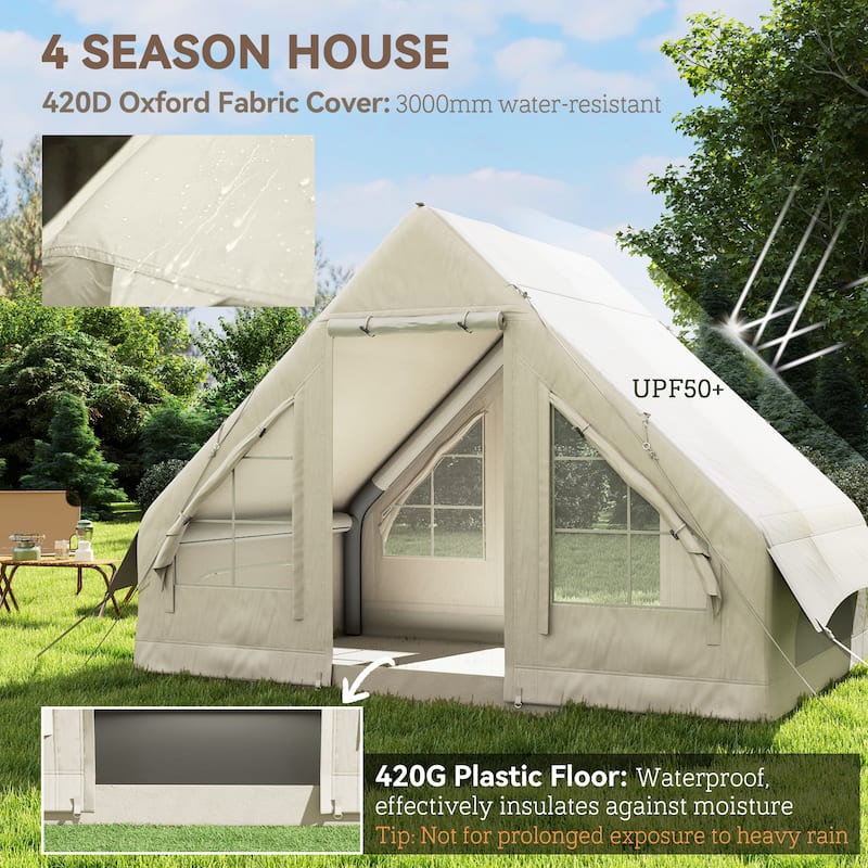 Sand Oxford Fabric Inflatable Camping Tent with Pump and Carry Bag - 118.1" L x 78.7" W x 78.7" H