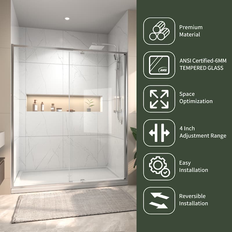Modland 60"x71" Pivot Swing Shower Door Semi-Frameless in Nickel/Black/Chrome with Tempered Glass