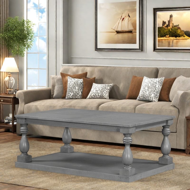 45.2" Pine Vintage Coffee Table - Vase Column Legs & Pine Veneer Top (Solid Rubberwood Base)
