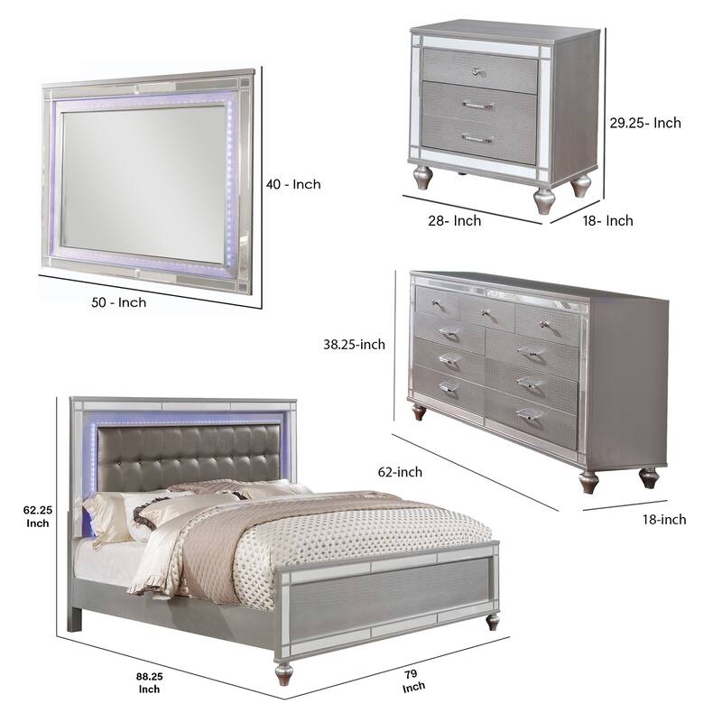Ishin 4 Piece King Bedroom Set, LED and Mirror Trim, Textured Details, Silver