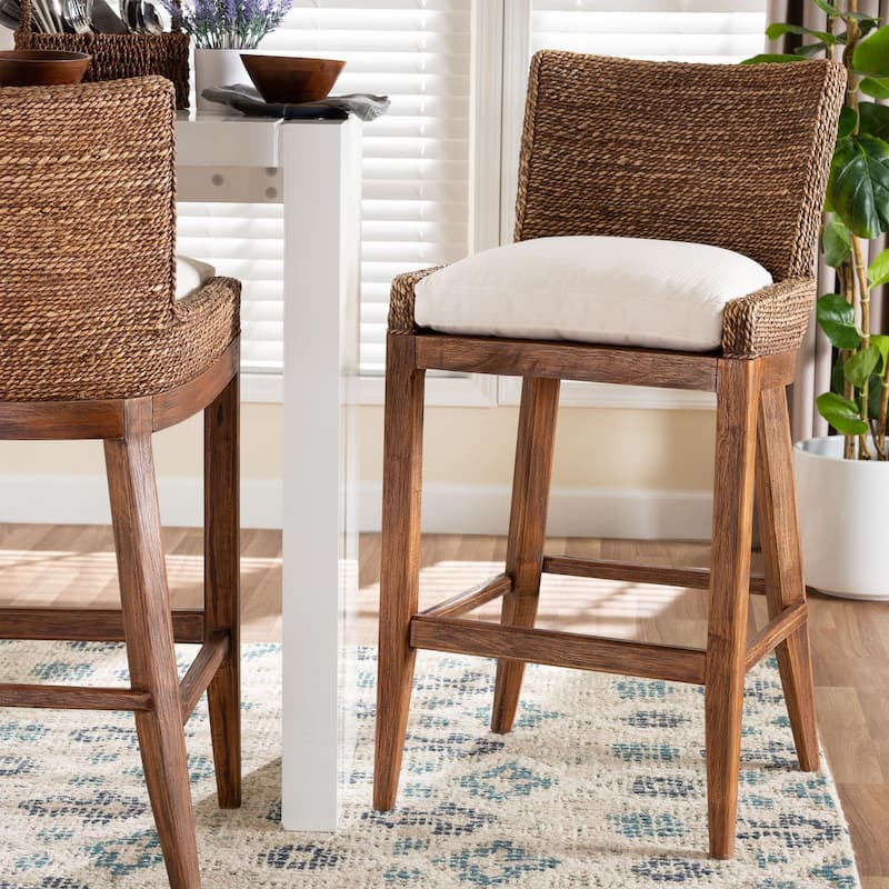 Ridley Seagrass Bar Stool with Mahogany Wood Frame - Coastal Seating with Woven Square Back and Cushioned Seat for Bar Island