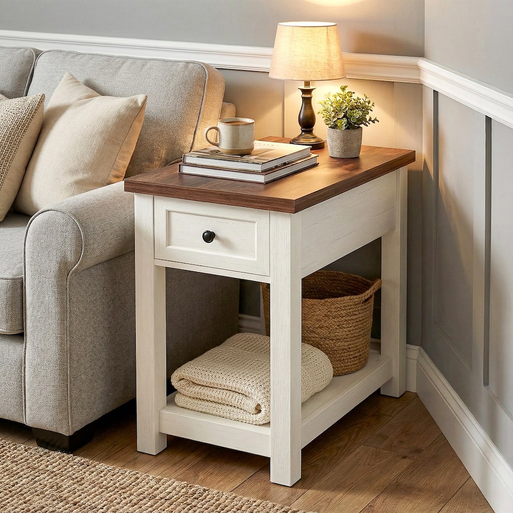 Farmhouse End Table with Wood Drawers and Charging Station, Sofa Side Table, Nightstand