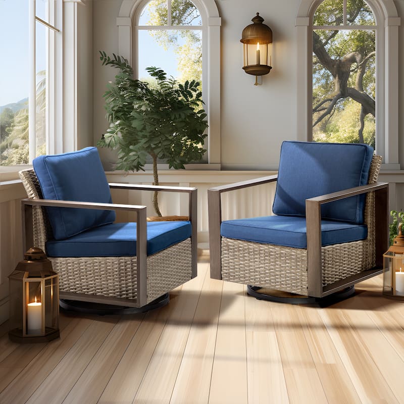 Cozywor 2-Piece Patio Wicker Outdoor Rocking Chair with Metal Frame and Cushions - Dark Blue