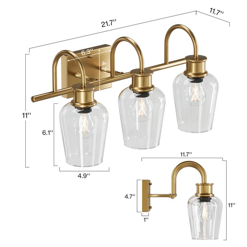3-Light Golden Bathroom Vanity Light Fixtures, E26 Base