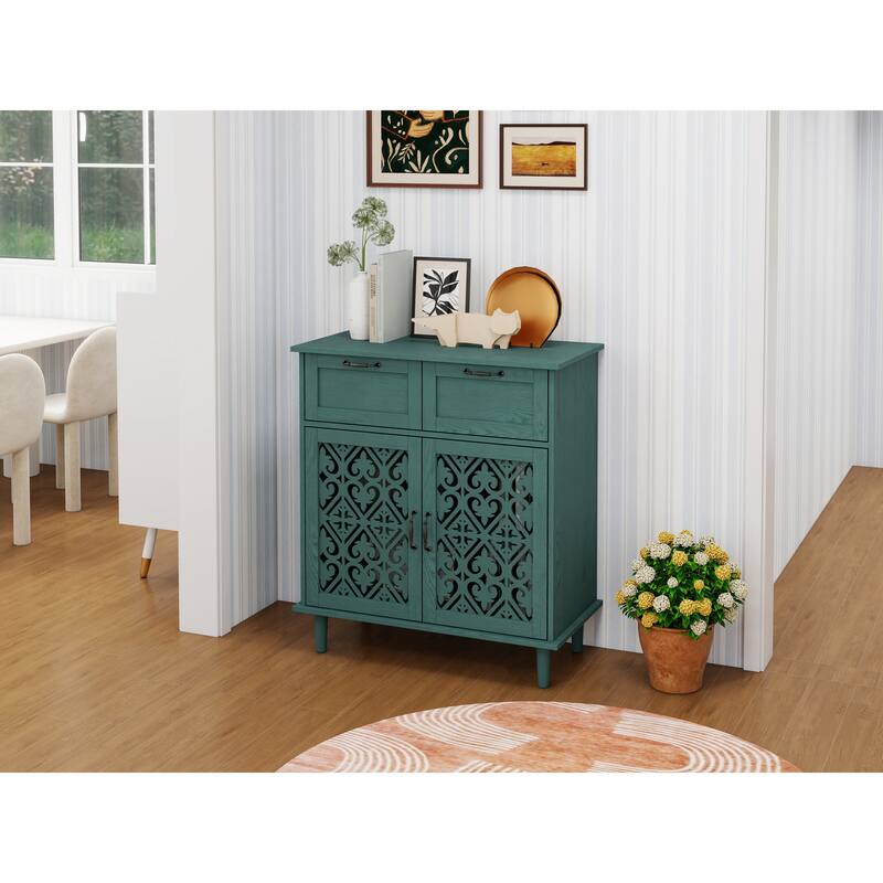 Cabinet with 2 Carved Pattern Doors & 2 Drawers, Small Entryway Storage Table, Accent Cabinet with Metal Handles & Wooden Legs