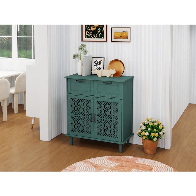Storage Cabinet with Smooth Drawer Slides & Carved Symmetrical Doors, Accent Cabinet with Adjustable Shelves