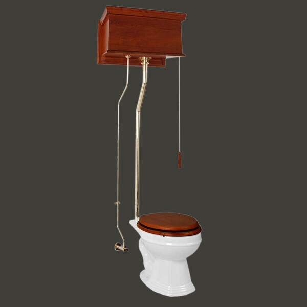 Mahogany High Tank Pull Chain Toilet White Elongated Brass