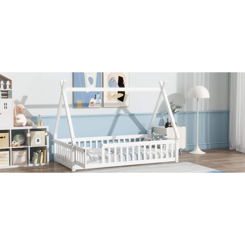 Roomfitters Twin/Full Tent-Shaped Floor Bed with Teepee Frame, Rubber Wood Platform with Guardrails, Slats and Door